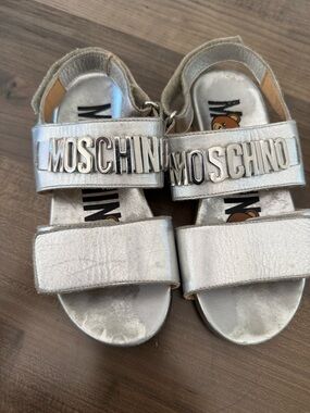 Moschino Kids Metallic Silver Logo Velcro Sandals